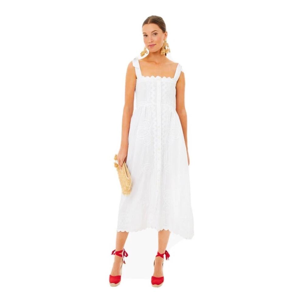 051 Juliet Dunn Tie Shoulder Dress in White Ric Rac Cotton Size 2 XS / Small